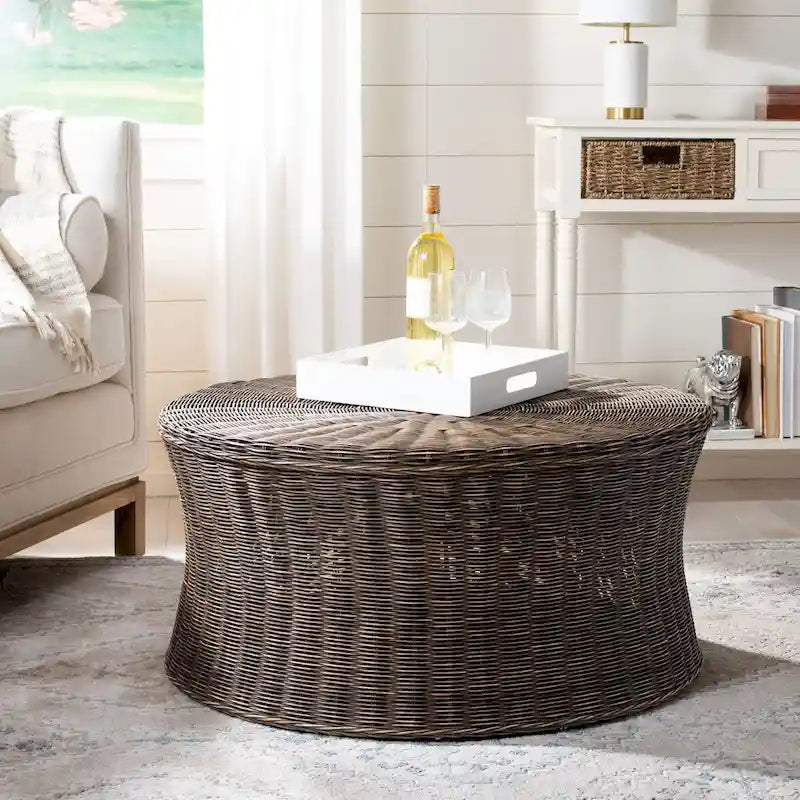 Woven Rattan Cocktail Ottoman – Low-Profile Concave Design for Indoor Use
