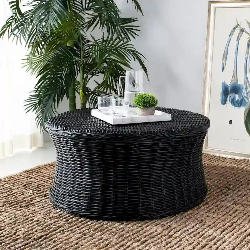 Woven Rattan Cocktail Ottoman – Low-Profile Concave Design for Indoor Use