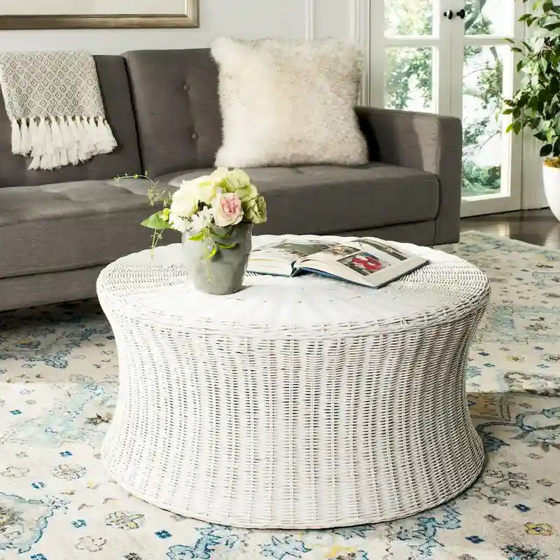 Woven Rattan Cocktail Ottoman – Low-Profile Concave Design for Indoor Use