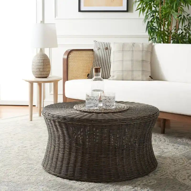 Woven Rattan Cocktail Ottoman – Low-Profile Concave Design for Indoor Use