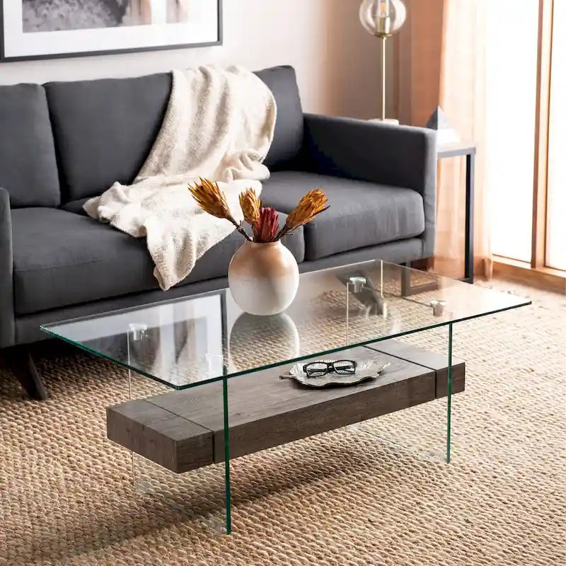 Modern Rectangular Glass Coffee Table with Lower Shelf – 43 x 24 x 17 Inch