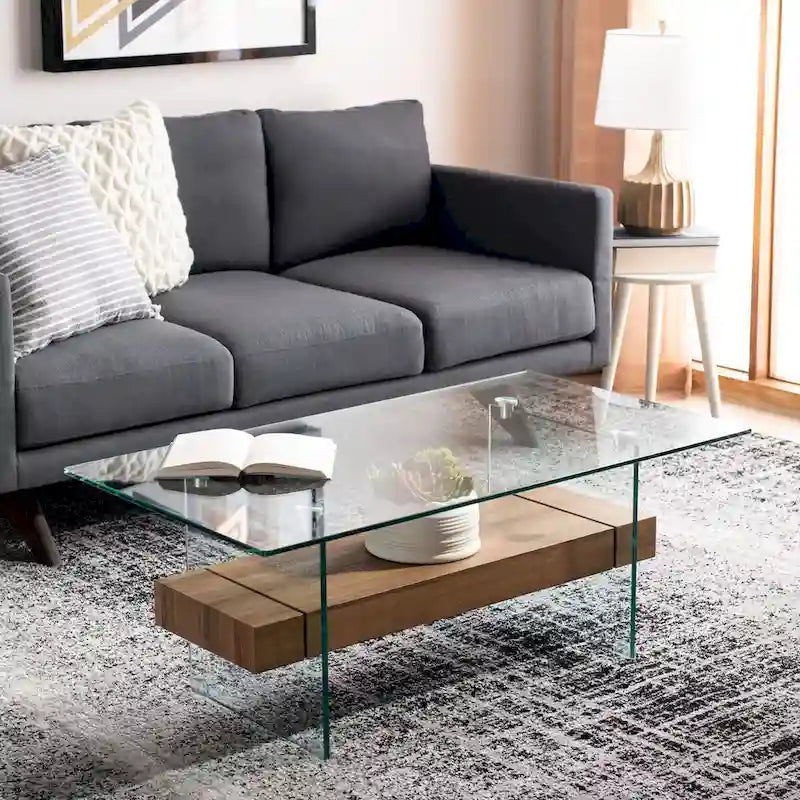 Modern Rectangular Glass Coffee Table with Lower Shelf – 43 x 24 x 17 Inch
