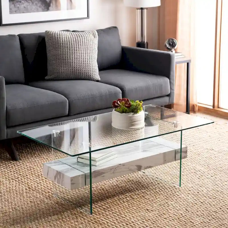Modern Rectangular Glass Coffee Table with Lower Shelf – 43 x 24 x 17 Inch