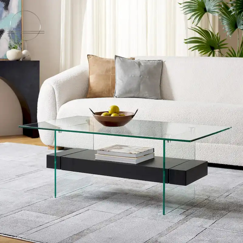 Modern Rectangular Glass Coffee Table with Lower Shelf – 43 x 24 x 17 Inch