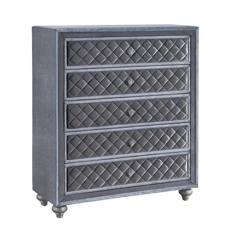 49-Inch 5-Drawer Dresser Chest with Gray Velvet, Crystal Knobs and Glass Top