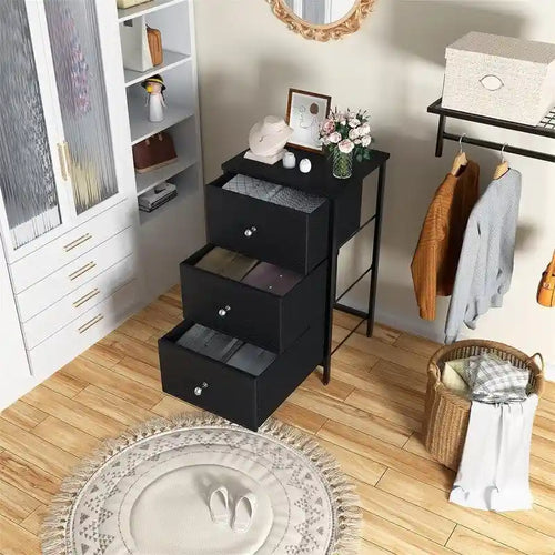 3-Drawer Nightstand with Fabric Drawers and Leather Front