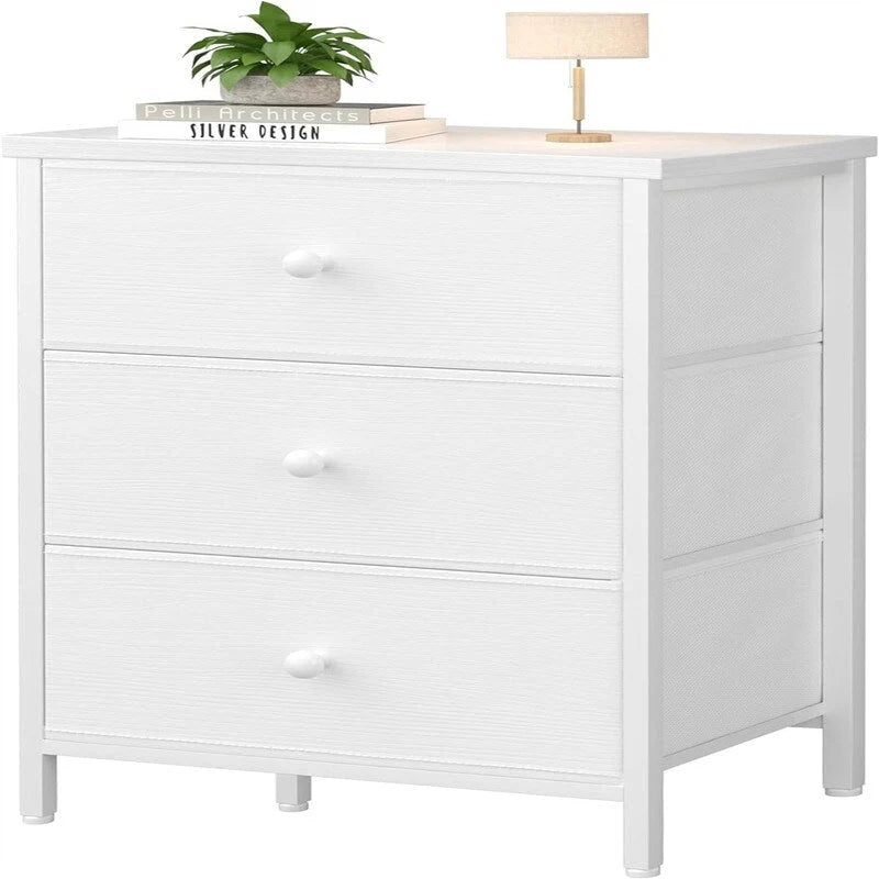3-Drawer Nightstand with Fabric Drawers and Leather Front