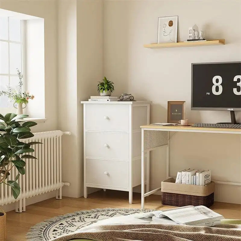 3-Drawer Nightstand with Fabric Drawers and Leather Front