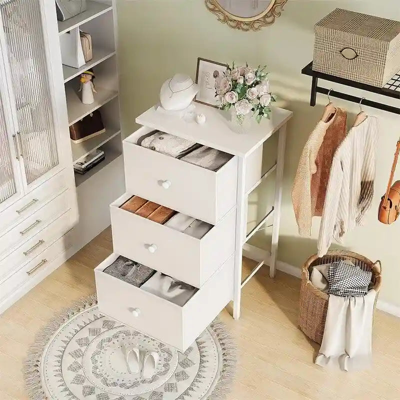 3-Drawer Nightstand with Fabric Drawers and Leather Front