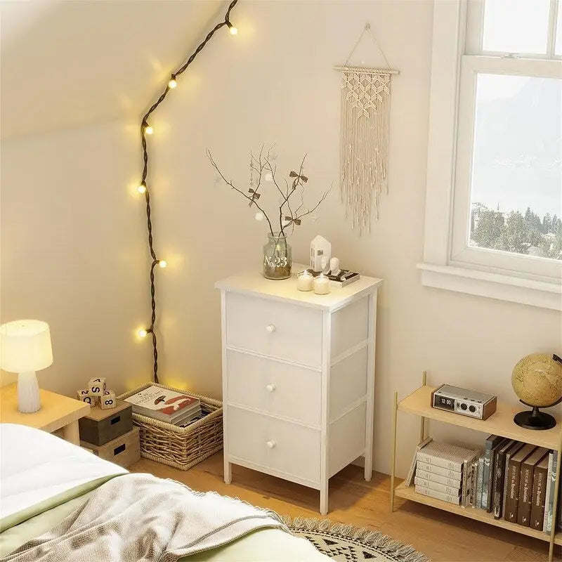 3-Drawer Nightstand with Fabric Drawers and Leather Front