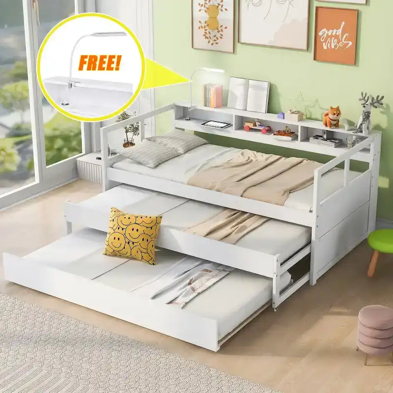 Twin XL Wood Daybed with 2 Pull-Out Trundles, 3 Storage Cubbies and USB Charging