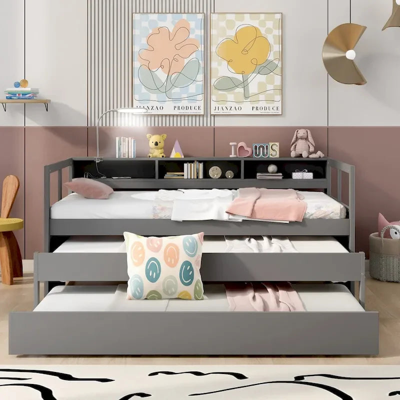 Twin XL Wood Daybed with 2 Pull-Out Trundles, 3 Storage Cubbies and USB Charging