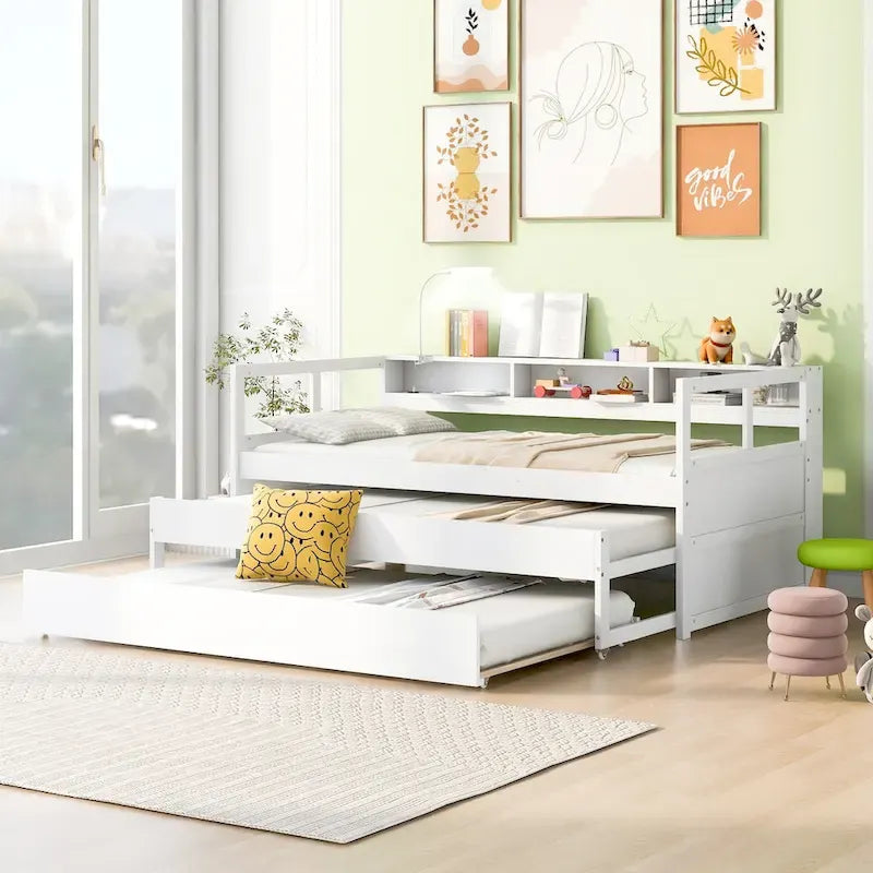 Twin XL Wood Daybed with 2 Pull-Out Trundles, 3 Storage Cubbies and USB Charging