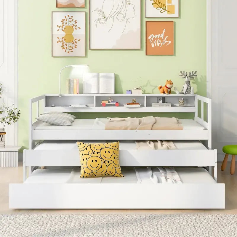 Twin XL Wood Daybed with 2 Pull-Out Trundles, 3 Storage Cubbies and USB Charging