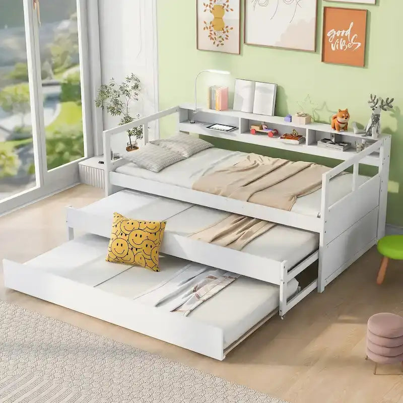 Twin XL Wood Daybed with 2 Pull-Out Trundles, 3 Storage Cubbies and USB Charging
