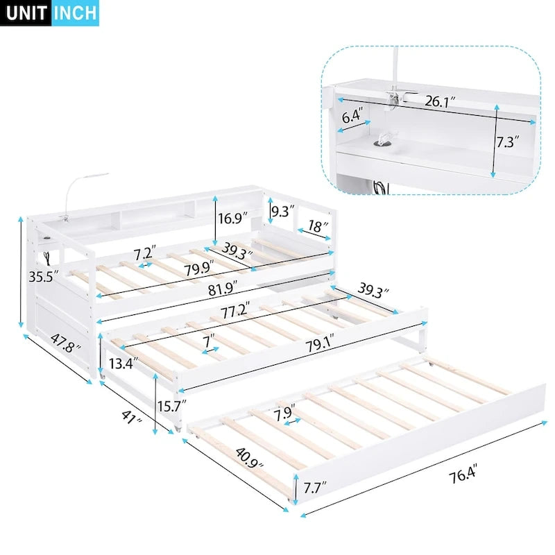 Twin XL Wood Daybed with 2 Pull-Out Trundles, 3 Storage Cubbies and USB Charging