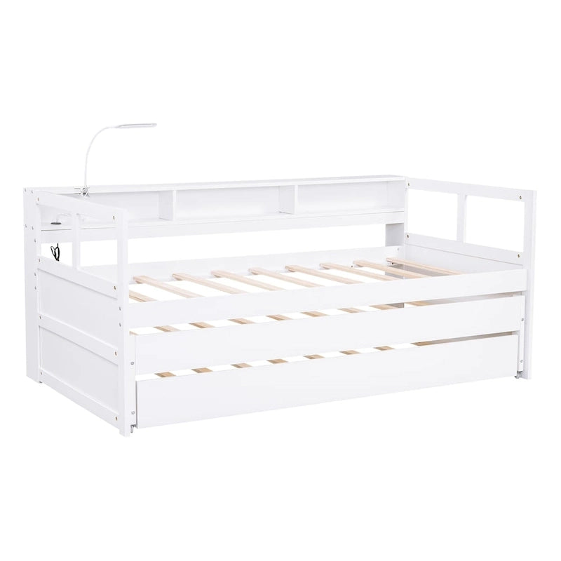 Twin XL Wood Daybed with 2 Pull-Out Trundles, 3 Storage Cubbies and USB Charging