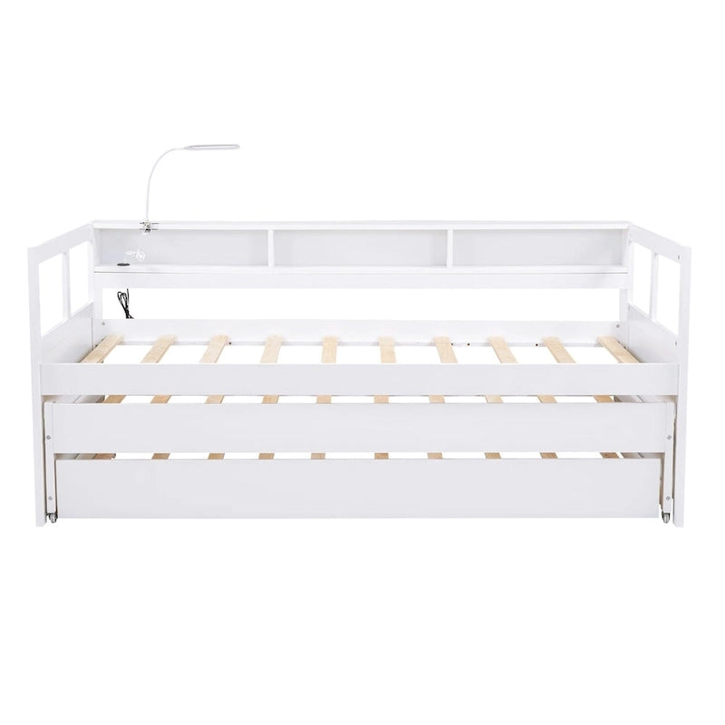 Twin XL Wood Daybed with 2 Pull-Out Trundles, 3 Storage Cubbies and USB Charging