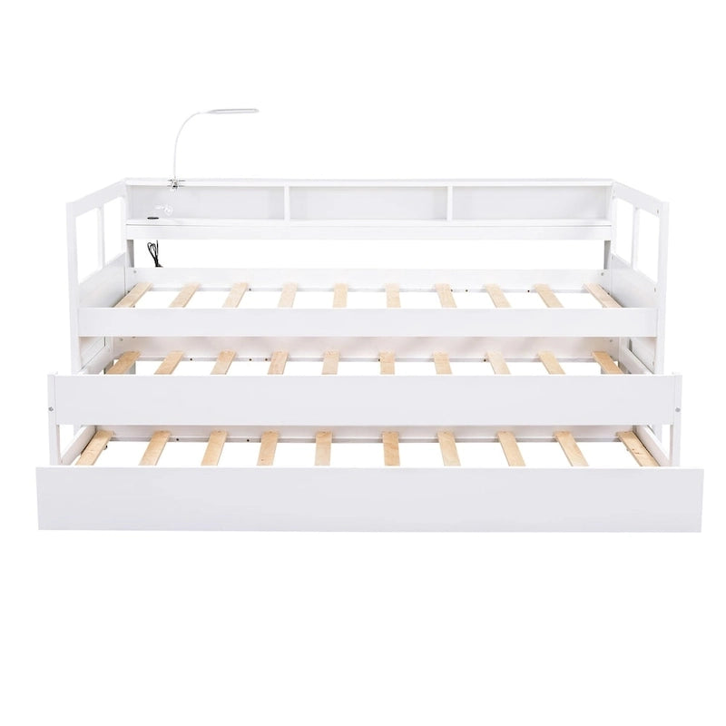 Twin XL Wood Daybed with 2 Pull-Out Trundles, 3 Storage Cubbies and USB Charging