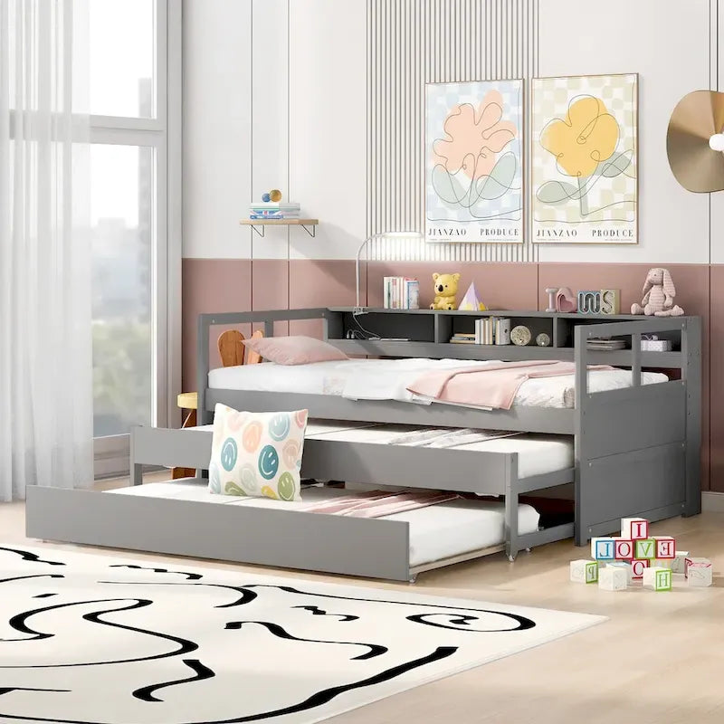 Twin XL Wood Daybed with 2 Pull-Out Trundles, 3 Storage Cubbies and USB Charging