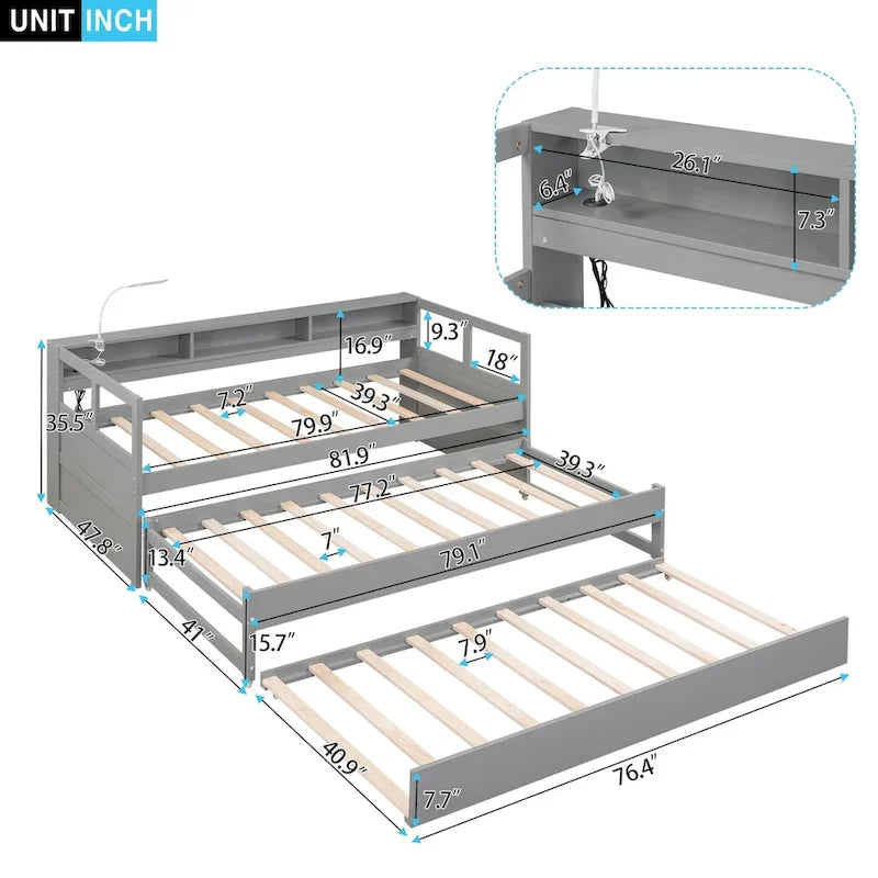 Twin XL Wood Daybed with 2 Pull-Out Trundles, 3 Storage Cubbies and USB Charging