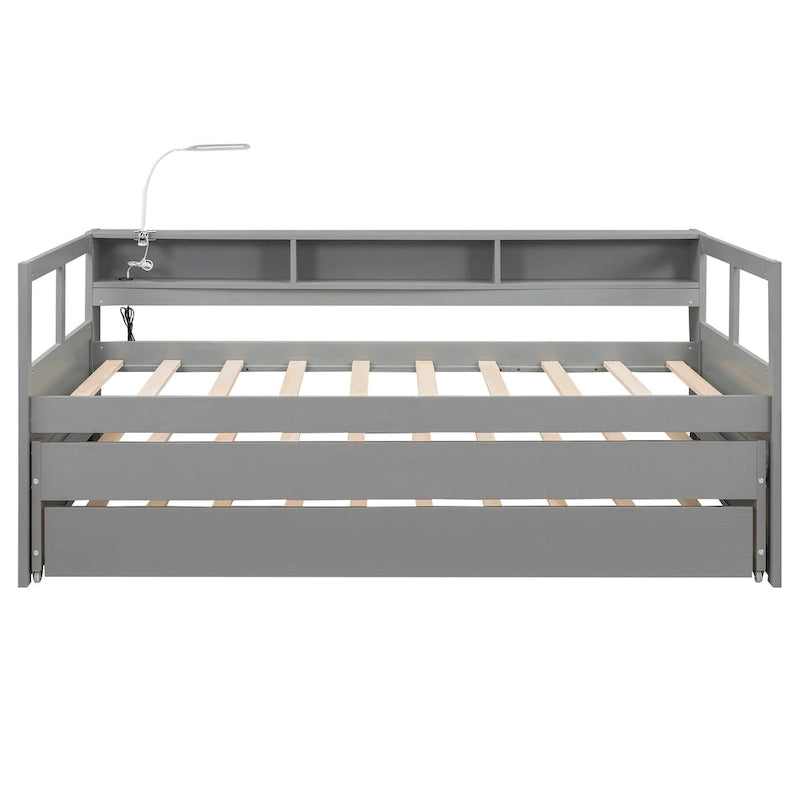 Twin XL Wood Daybed with 2 Pull-Out Trundles, 3 Storage Cubbies and USB Charging