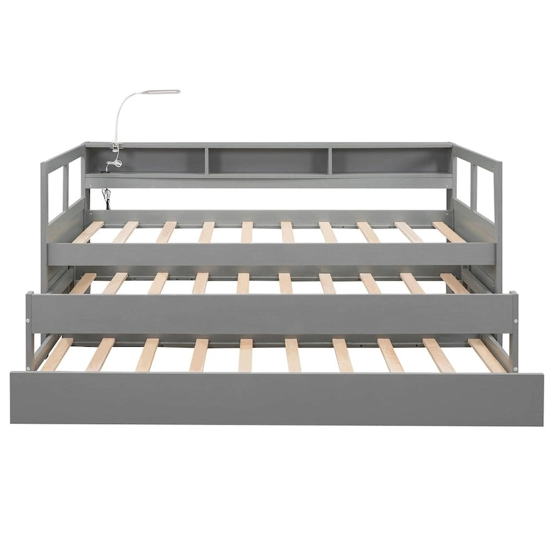 Twin XL Wood Daybed with 2 Pull-Out Trundles, 3 Storage Cubbies and USB Charging
