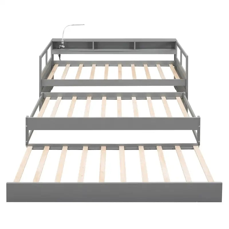 Twin XL Wood Daybed with 2 Pull-Out Trundles, 3 Storage Cubbies and USB Charging