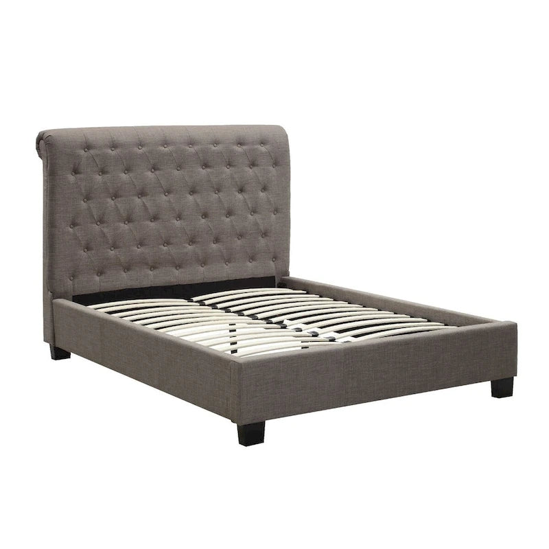 Low Profile Queen Bed with Button Tufted Rolled Back Headboard