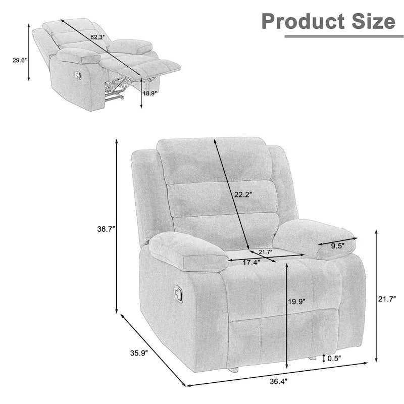 Manual Pushback Recliner Chair with 155-Degree Recline and High-Density Spring Cushion