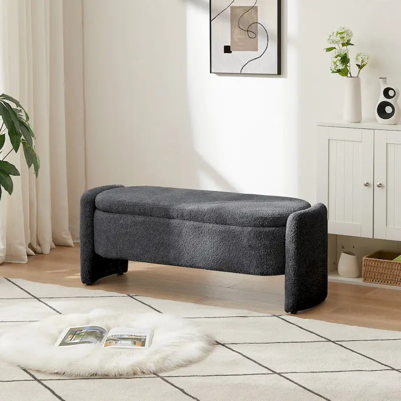 Oval Storage Ottoman Bench with 3D Lamb Fleece Fabric