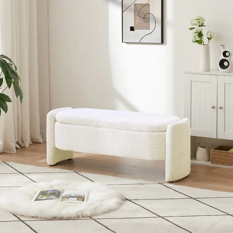 Oval Storage Ottoman Bench with 3D Lamb Fleece Fabric
