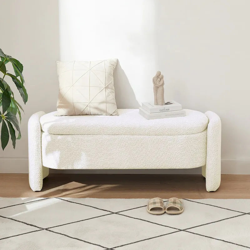 Oval Storage Ottoman Bench with 3D Lamb Fleece Fabric