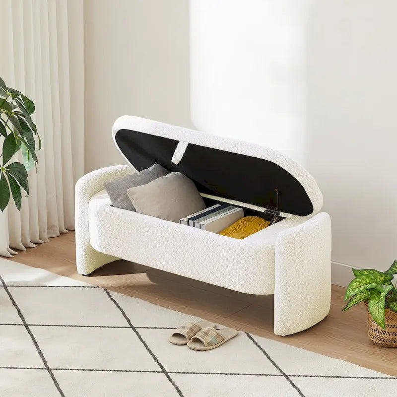 Oval Storage Ottoman Bench with 3D Lamb Fleece Fabric