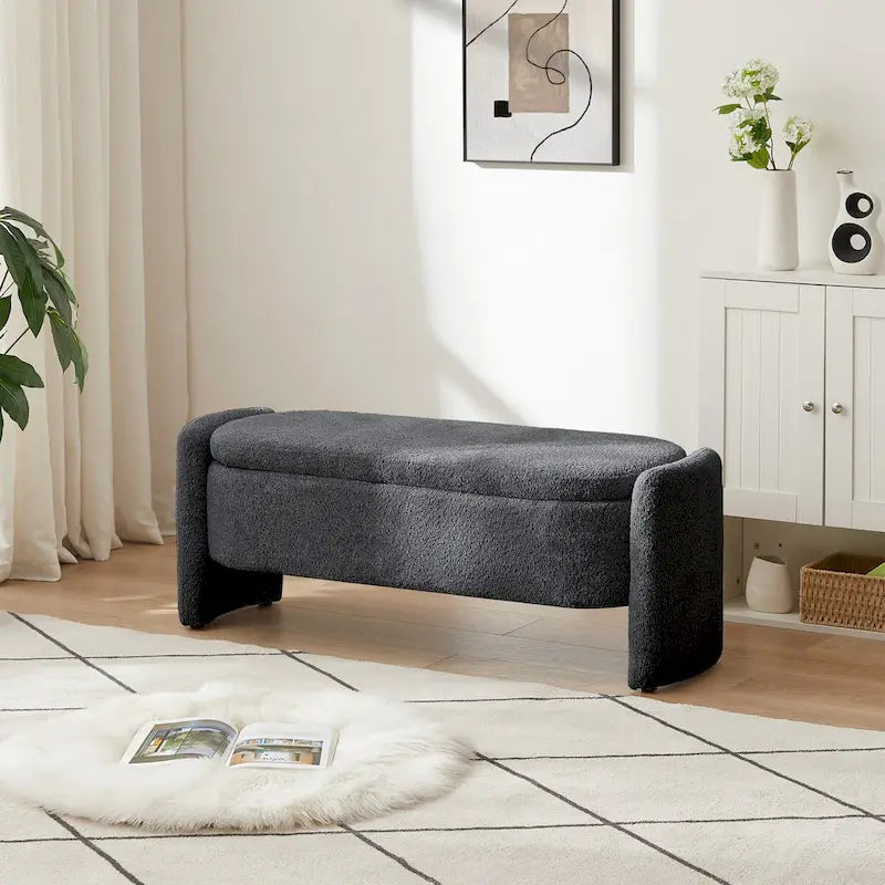 Oval Storage Ottoman Bench with 3D Lamb Fleece Fabric