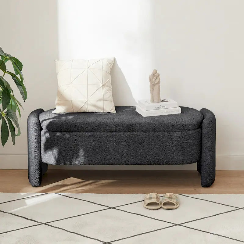 Oval Storage Ottoman Bench with 3D Lamb Fleece Fabric