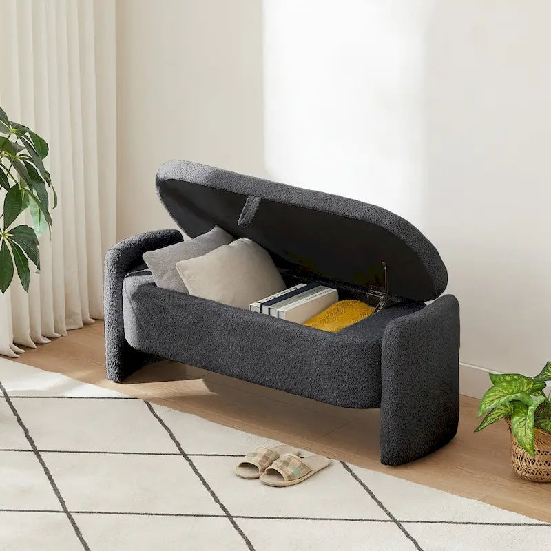 Oval Storage Ottoman Bench with 3D Lamb Fleece Fabric