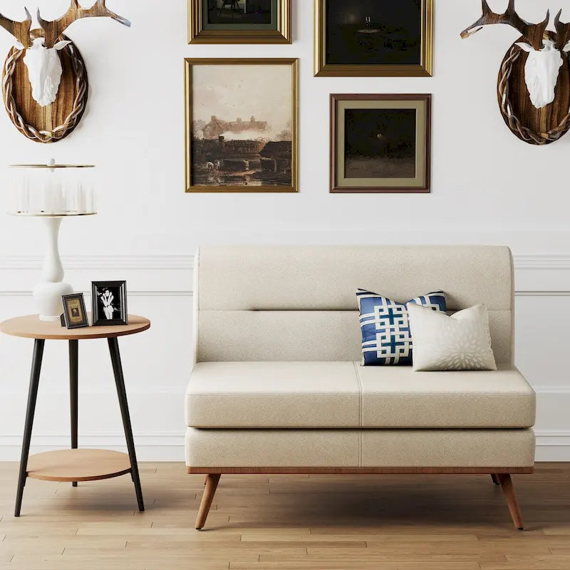 Armless Loveseat Sofa with Tufted Back and Solid Wood Legs