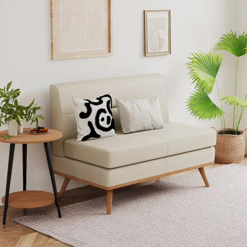 Armless Loveseat Sofa with Tufted Back and Solid Wood Legs