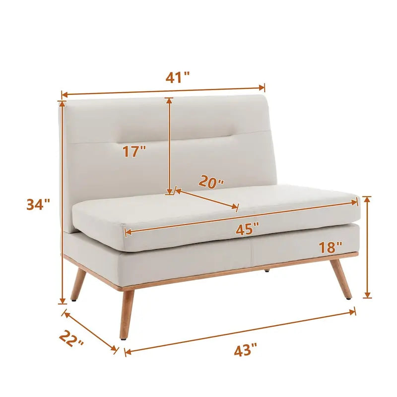 Armless Loveseat Sofa with Tufted Back and Solid Wood Legs