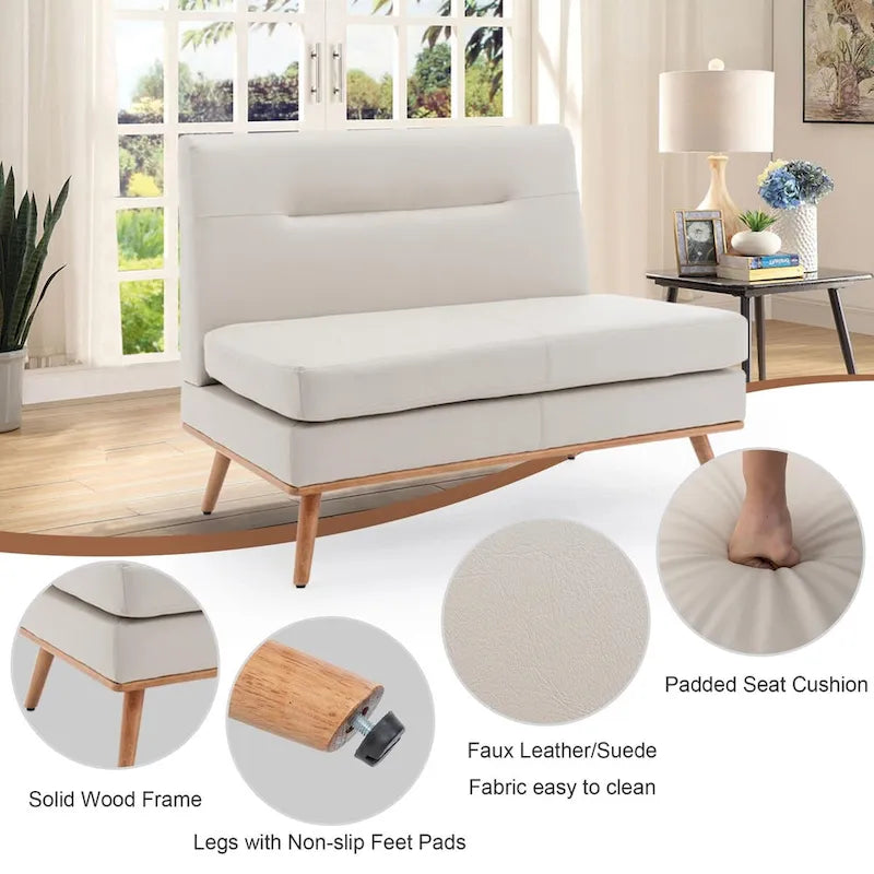 Armless Loveseat Sofa with Tufted Back and Solid Wood Legs