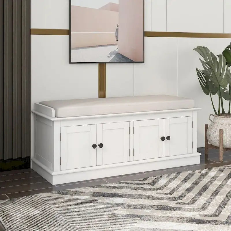 Upholstered Storage Bench with 4 Magnetic Doors and Adjustable Shelf for Entryway