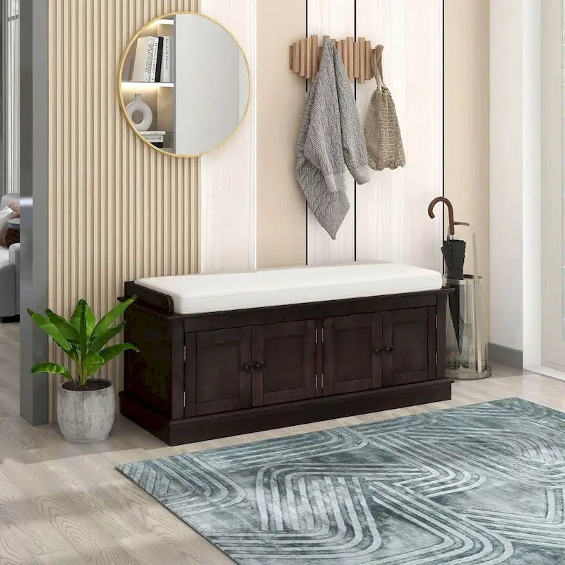 Upholstered Storage Bench with 4 Magnetic Doors and Adjustable Shelf for Entryway