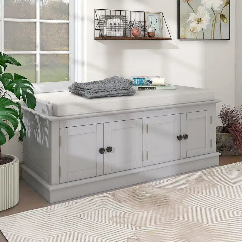 Upholstered Storage Bench with 4 Magnetic Doors and Adjustable Shelf for Entryway