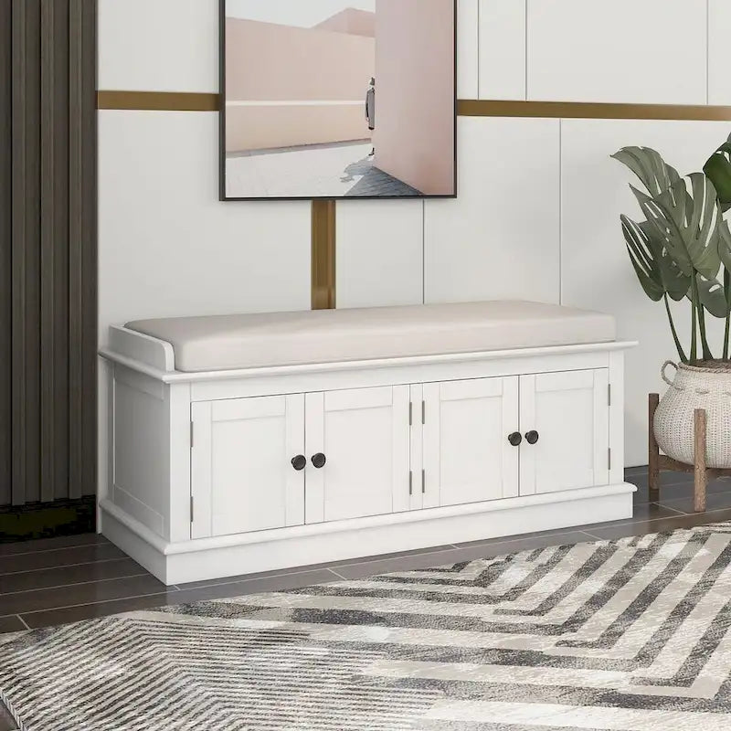 Upholstered Storage Bench with 4 Magnetic Doors and Adjustable Shelf for Entryway