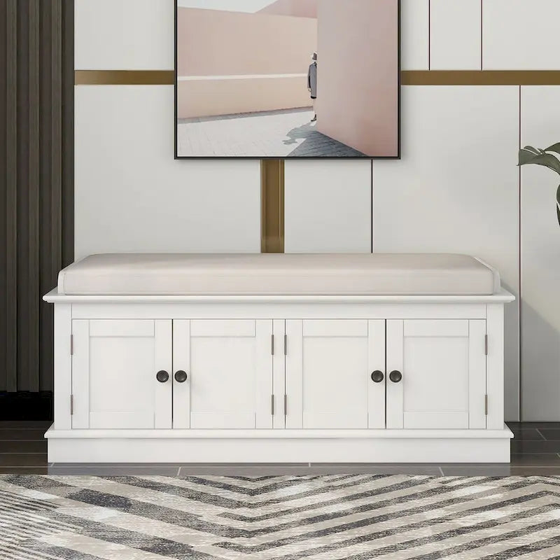 Upholstered Storage Bench with 4 Magnetic Doors and Adjustable Shelf for Entryway