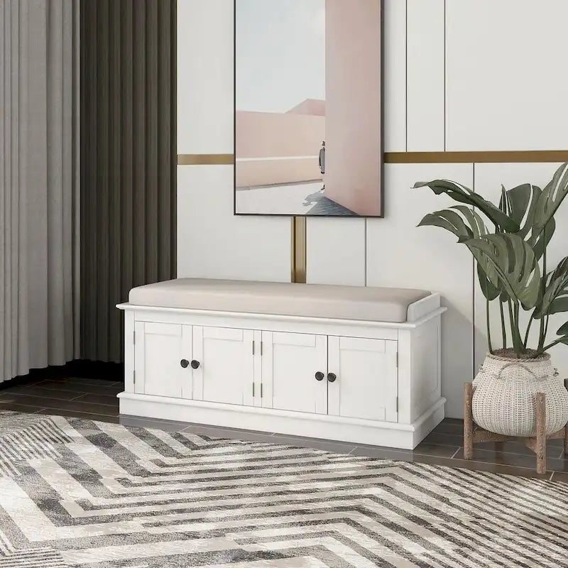Upholstered Storage Bench with 4 Magnetic Doors and Adjustable Shelf for Entryway