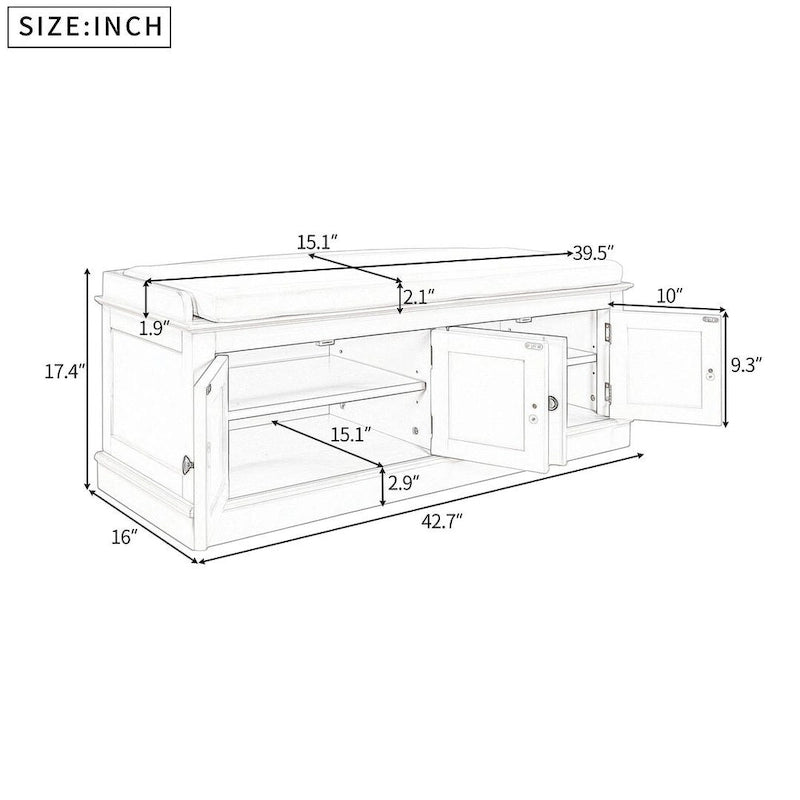Upholstered Storage Bench with 4 Magnetic Doors and Adjustable Shelf for Entryway