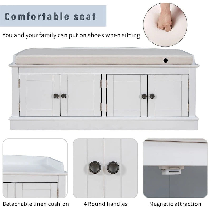 Upholstered Storage Bench with 4 Magnetic Doors and Adjustable Shelf for Entryway