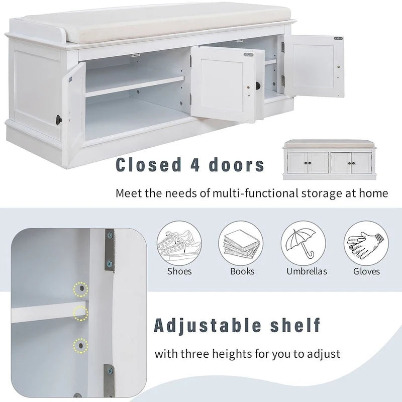 Upholstered Storage Bench with 4 Magnetic Doors and Adjustable Shelf for Entryway